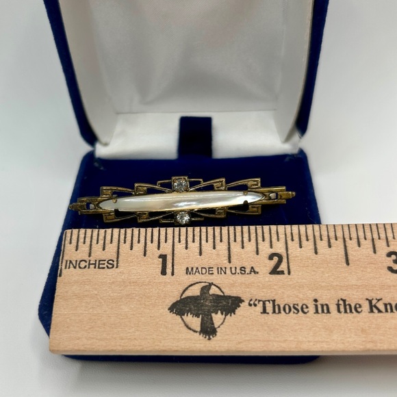 Art Nouveau Bar Pin Brooch Mother of Pearl and Crystal Rhinestones Rare Antique - Picture 8 of 11